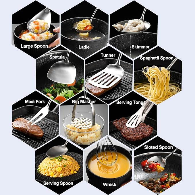 Stainless Steel Kitchen Utensils 13 PCS All Metal Set for Cooking | Food-grade 304-Healthy;Dishwasher safe;One-piece-Sturdy;Plenty of tools for all needs;Great gifts for cooking enthusiast,chef
