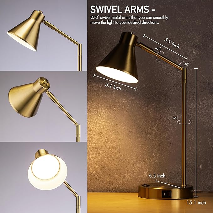 O'Bright Astrum - LED Desk Lamp with Dual USB Charging Ports, 100% Metal, 270 Degree Swivel Arms, Soft White Light (3000K), Bedside & Home Office Table Lamp, ETL Listed, Antique Brass Finish