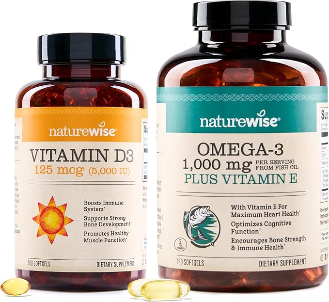 NatureWise Vitamine D3 5000 UI (125 mg) 360 capsules + Huile de poisson Oméga-3 1000 mg avec Vitamine E 180 capsules - Lot pour le soutien de l'immunité, des os et de la santé cardiaque - Sans gluten, sans OGM, gélatine Halal