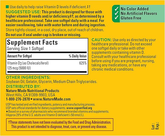 Nature Made Vitamin D3 5000 IU (125 mcg) Softgels, Extra Strength Vitamin D Supplement for Bone and Immune Health Support, 360 Count, 360 Day Supply