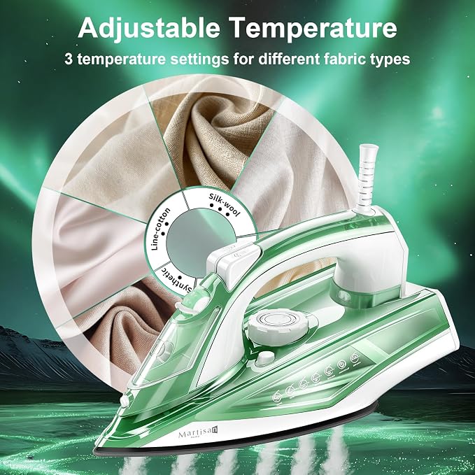 Martisan Steam Iron Lite, 1600W, 15s Fast Heat-up, Extra Soleplate for Heat Reserve, Precise Adjustable Temp, Non-stick Ceramic Panel, Anto-off, Anti-drip, Anti-calc, Home Laundry