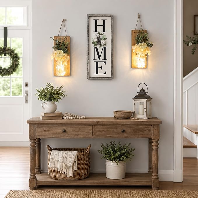 Wall Hangings for Living Room, Rustic Home Decor, Farmhouse Bedroom Decor, Wall Decor Living Room with Led Fairy Lights & Rose Flowers, Wall Art Set of 2, XL Jacobean