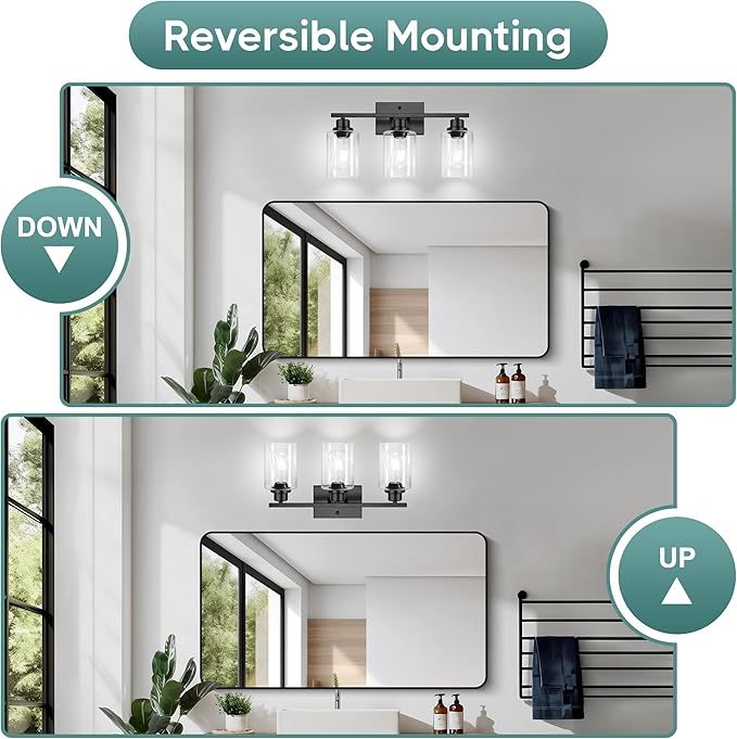 Ascher Bathroom Light Fixtures, 3-Light Vanity Light Over Mirror, Matte Black Wall Sconces with Clear Glass Shades, Wall Lamp for Living Room Bedroom, E26 Base(Bulbs Not Included)
