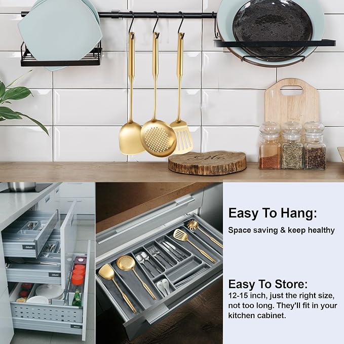 Gold Kitchen Utensils for Cooking 13 PCS Stainless Steel, Solid Slotted Spoon, Fork, Spatula, Ladle, Skimmer, Slotted Tunner, Spaghetti Large Spoon, Meat Fork, Masher, Whisk, Tongs