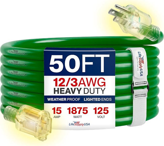 50ft Outdoor/Indoor Extension Cord 12/3 Gauge Extra Heavy Duty 3 Prong SJTW, Waterproof, Flexible Cold-Resistant Long Power Cord,15A 125V 1875W, Green by LifeSupplyUSA
