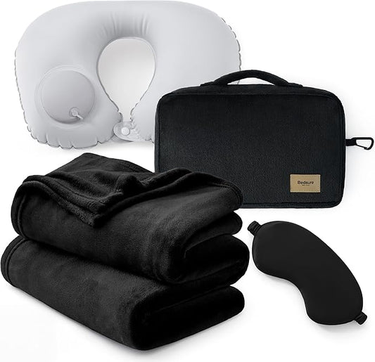 Bedsure Travel Blanket Set with Inflatable Neck Pillow and Eye Mask - Lightweight 3-in-1 Airplane Packable Blanket, Compact Travel Essentials, Black