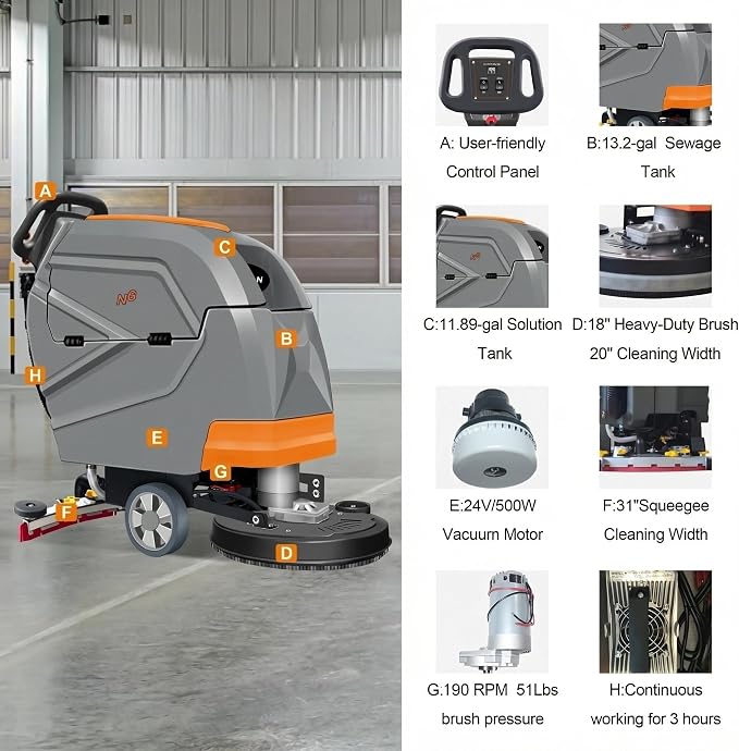 N3 20" Walk-Behind Floor Scrubber Kit, 13-Gallon Tank | sturdy build; small shops & narrow corridors; lightweight simple operation; 20"path; 31" squeegee; 13-Gal tank; 190 RPM