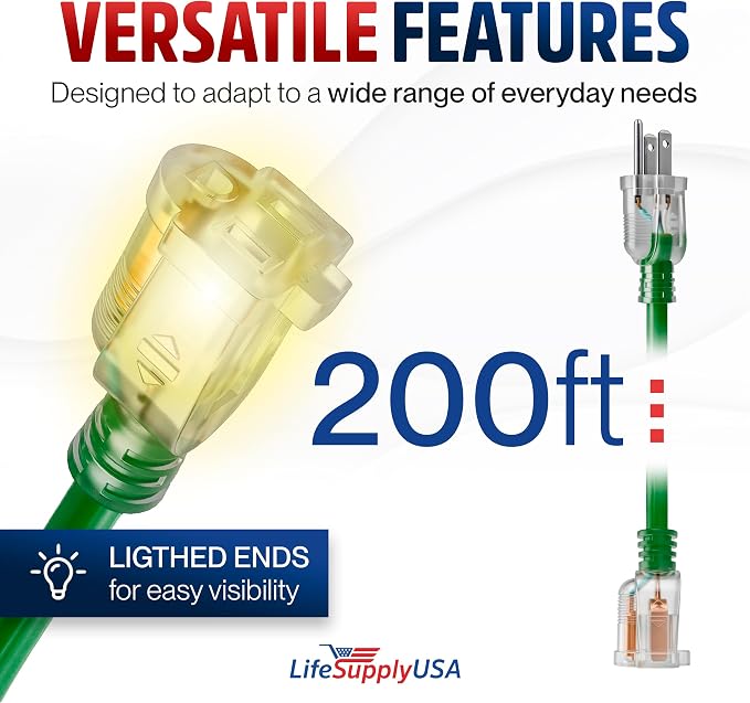 200ft Outdoor/Indoor Extension Cord 16/3 Gauge Heavy Duty 3 Prong SJTW, Waterproof, Flexible Cold-Resistant Long Power Cord,6A 125V 750W, Green by LifeSupplyUSA