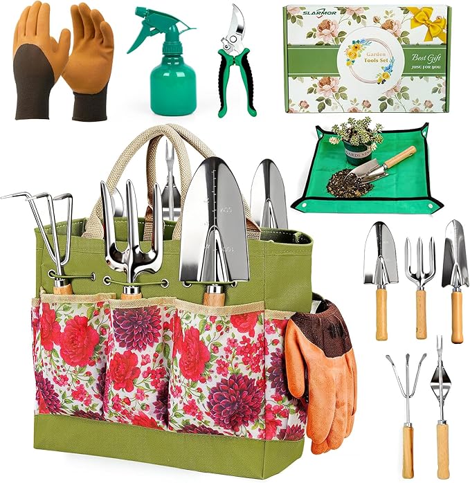 Garden Tool Set, 10 PCS Gardening Essentials, Stainless Steel Garden Hand Tools with Tote Bag, Well-Designed Gardening Supplies Kit Gifts for Women Men Gardeners