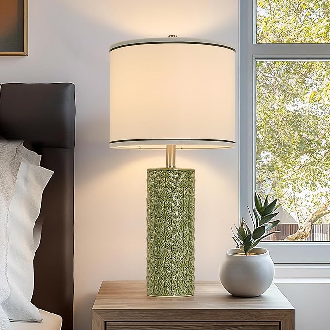 27" Tall Farmhouse Table Lamp Set of 2, Large Ceramic Bedside Lamps for Bedroom Living Room, 3-Color Temperature Dimmable Nightstand Lamps with Bulbs Included, Modern Home Decor (Light Green)