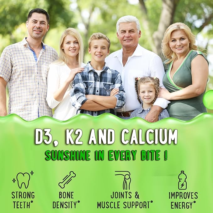 Gummies à la vitamine D3 K2 et au calcium à cœur coulant - Supplément pour des dents, des os et une énergie sains - 5000 UI de D3, 120 mcg de K2 (MK-7), 120 mg de CA - Végétalien et sans OGM - 120 gommes