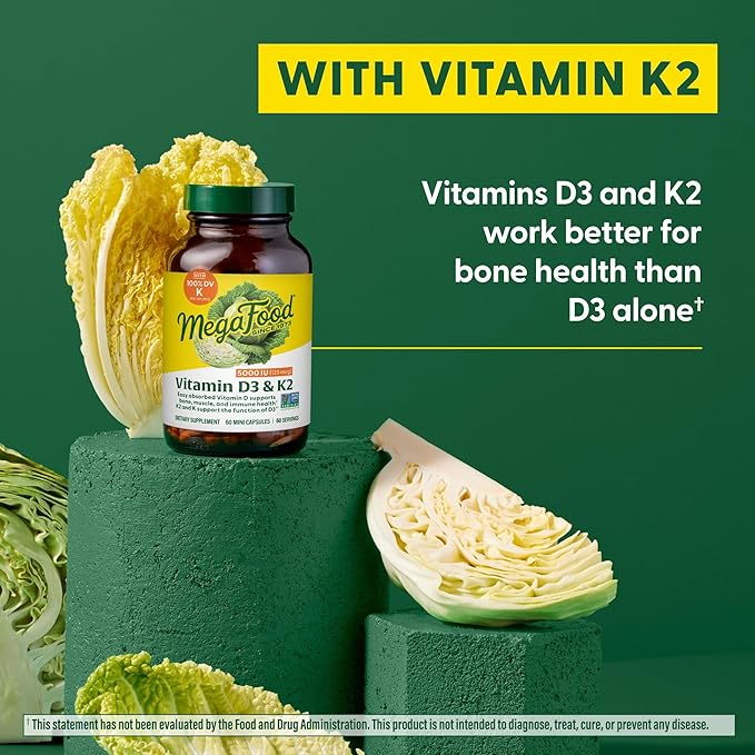 MegaFood Vitamine D3 5000 UI (125 mcg) - Compléments Végétariens avec Vitamine D3 K2 - Soutient les Os, les Dents, les Muscles et la Santé Immunitaire - Certifié Sans OGM - 60 Mini Capsules, 60 Doses (Lot de 2)