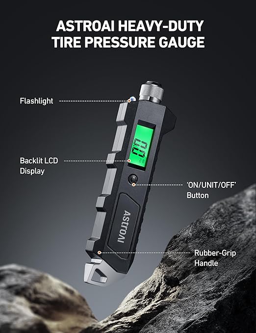 AstroAI Digital Tire Pressure Gauge, 230 PSI 4 Settings Heavy Duty for Car Bicycle with Larger Backlit LCD Flashlight and Non-Slip, Black