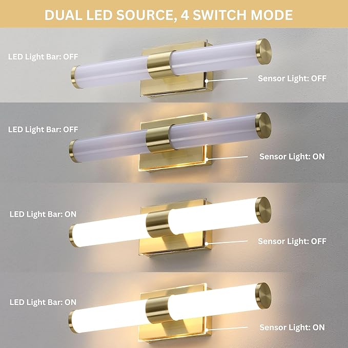 20 Inch LED Vanity Light Bar with Motion Sensor, Dual LED Source | 4 Lighting Modes (incl. Night Light) | 3000K Warm White, Dimmable, CRI 90+, 1040LM, ETL Listed (Brushed Gold)