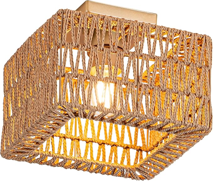 Rpzloila Rattan Ceiling Light, Gold Boho Light Fixture, Square Flush Mount Ceiling Light for Bedroom, Hallway, Entryway, Kitchen, Cabinet