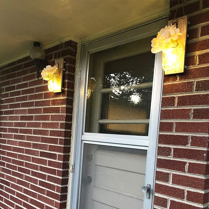 Rustic Mason Jar Sconces Wall Decor - Set of 2 Hanging Wooden Wall Art with LED String Lights & Remote Timer - Vintage Farmhouse Decoration for Living Room or Bedroom, Rustic Brown