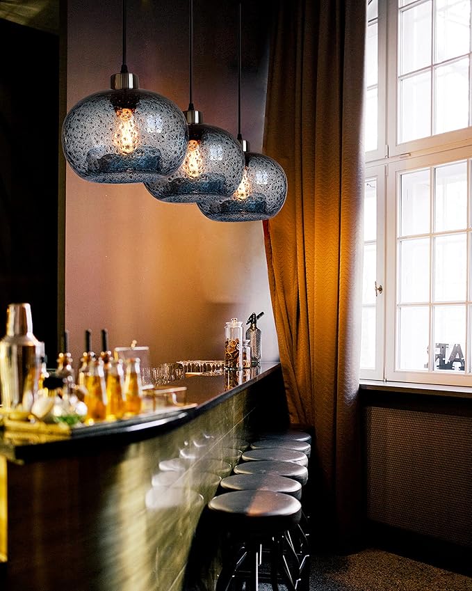 CASAMOTION Glass Pendant Lights Kitchen Island Modern Farmhouse Blue Ceiling Hanging Light Fixtures Globe Over Table Sink Foyer Entryway Brushed Nickel 8.7 Inch Diameter