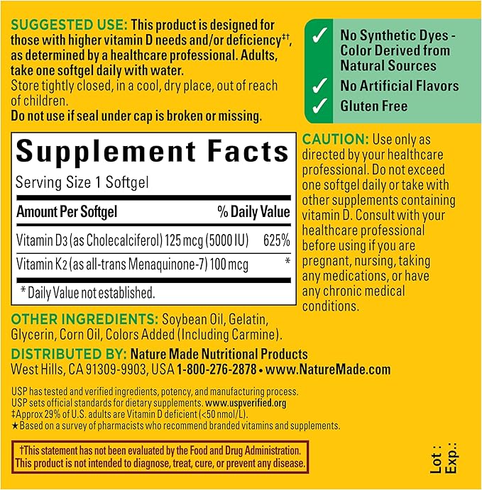 ネイチャーメイド ビタミンD3 K2 サプリメント、5000 IU (125 mcg) ビタミンD配合、骨、歯、筋肉、免疫サポート、D3とK2ソフトジェル30粒、30日分