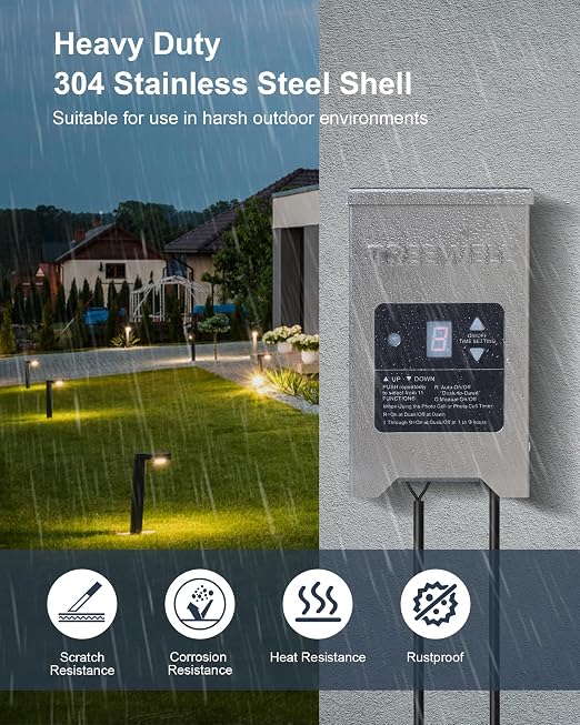 150W Low Voltage Landscape Transformer, Outdoor Landscape Lighting Transformer with Photocell Sensor & Timer, 120V AC to 12V/15V AC, Stainless Steel Weatherproof Transformer, ETL Listed