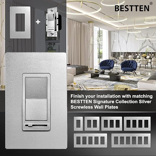BESTTEN 5 Pack Matte Silver Dimmer Light Switch, Single Pole or 3-Way, Compatible with Dimmable LED, CFL, Incandescent and Halogen Bulb, LED Slide Dimmer Wall Switch, 120VAC, UL/cUL Listed
