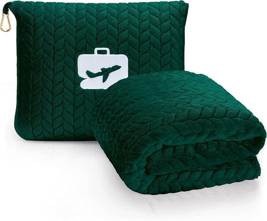 EverSnug Travel Blanket & Pillow 68x42 - Premium Ultra-Soft Microfleece 2 in 1 Compact & Packable Flight Blanket with Soft Bag Pillowcase, Hand Luggage Sleeve and Backpack Clip (Forest Green)