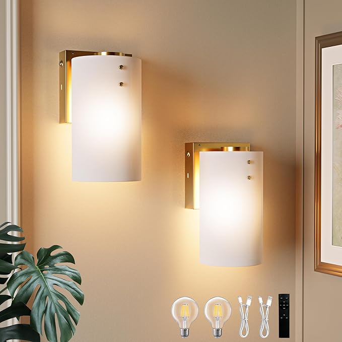 Morauroral Gold Modern Battery Operated Wall Sconces Set of Two, Rechargeable Wall Sconce with Dimmable Remote, Indoor Wall Lights Warm Light for Living Room Bedroom with White Shade (Bulbs Included)
