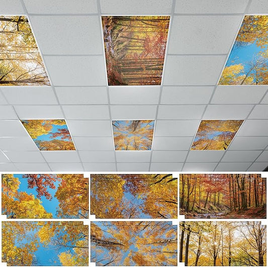12 Pcs Fluorescent Light Covers with 120 Magnets Decorative for Classroom Ceiling Light 4 x 2 Ft Magnetic Light Covers Filter Easy Install for Office Hospitals Home Drop Ceiling Supplies (Fall Forest)