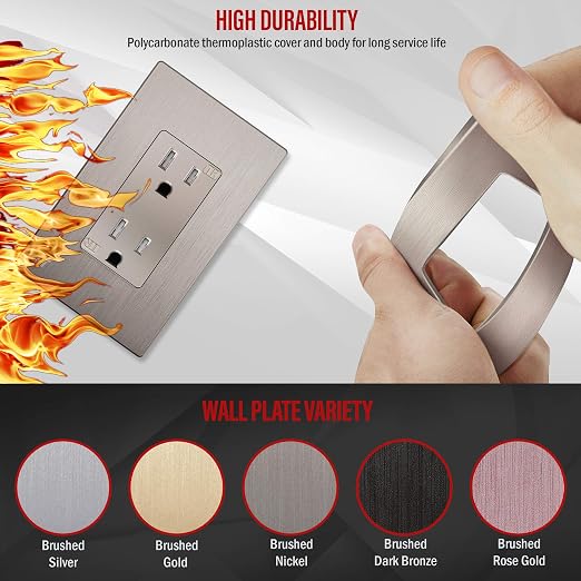 ENERLITES Elite Series Decorator Receptacle Outlet Child Safe Tamper-Resistant, Self-Grounding, Residential Grade, 15A 125V, UL Listed, Brushed Wall Plate Included, 61501-TR-NKWBP, Nickel