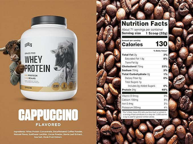 Levels Grass Fed Whey Protein Powder, No Artificials, 24G of Protein, Cappuccino, 5LB
