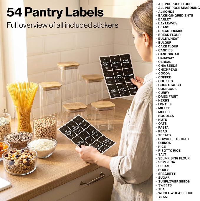 EDELHAUS Glass Storage Containers with Lids - Canister for Pantry Food | Bamboo Lids Black Labels Set of 5 - cereal flour sugar rice coffee tea spice pasta noodles dry goods 54 pre-printed labels