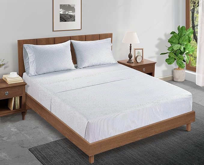 LANE LINEN Twin XL Fitted Sheet, 100% Organic Cotton 2-Piece Set (1 Fitted Sheet, 1 Pillowcase), Percale Weave, Bottom Sheet, Breathable, Fits Mattress Upto 15" Deep - Ticking Stripe (No Flat Sheet)
