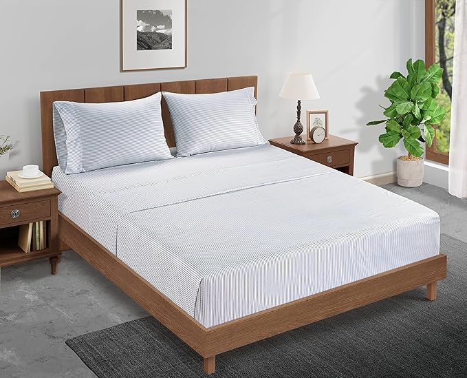 LANE LINEN Full Fitted Sheet, 100% Organic Cotton, 3-Piece Set (1 Fitted Sheet,2 Pillowcases), Percale Weave, Bed Bottom Sheet, Soft, Fits Mattress Upto 15" Deep -Ticking Stripe(No Flat Sheet)