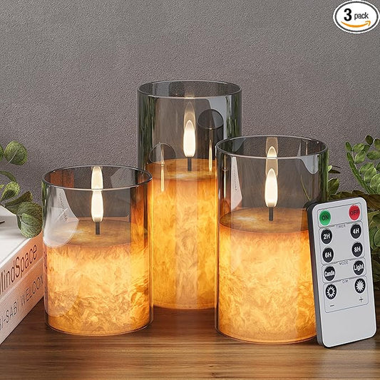VIODAIM Ice Crystal Real Wax Glass Flameless Candles with Remote & Timer, Battery Operated Candles with Warm Flickering Flame, Realistic LED Candle for Wedding Home Decor [D3×H4/5"/6"] Grey, 3Pack