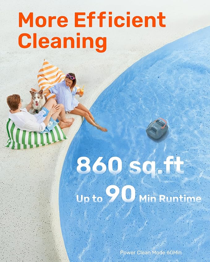 Gosvor Cordless Pool Vacuum, Dual Cleaning Modes, Automatic Robotic Pool Cleaner Lasts 90 Mins, Self-Parking, Portable, 1200-1900GPH Suction Power, Ideal for Above Ground Pool up to 860 sq.ft, Orange
