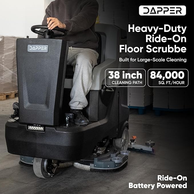 Battery Powered Ride-On Commercial Floor Scrubber Machine, 38" Brush, 48" Squeegee Width, 46 gal Solution Tank, 48 gal Recovery Tank, 5 hr Use 8 hr Charge, 180 RPM, 84,000 Sqft/H, Batteries Included