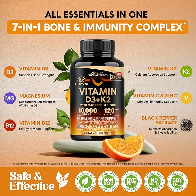 Vitamine D3 K2 - Vitamine D3 10000 UI & K2 sous forme de MK-7 120 mcg - Soutien immunitaire et de l'humeur, pour la santé des os et des dents - avec Magnésium, Zinc et Vitamine C & B12 - Haute biodisponibilité - Fabriqué aux États-Unis, 240 gélules
