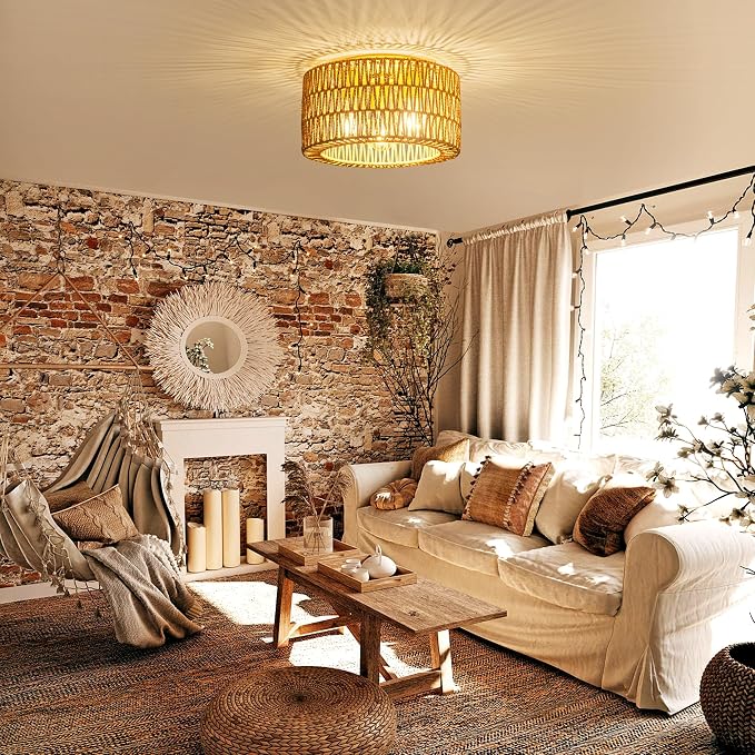 Rattan Ceiling Light Fixture, 3 Light Bohemian Modern Woven Ceiling Light, Boho Flush Mount Ceiling Light for Bedroom Living Room Dining Room, Bulb NOT Included