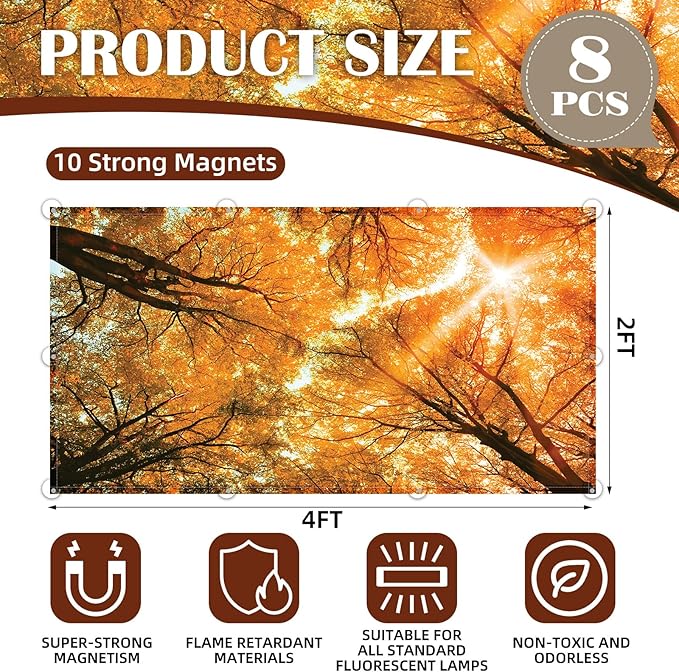 ANGSYLTH 8 Pcs Fluorescent Light Covers - 4 x 2 Feet Covers for Ceiling Lights, 8 x 10 Magnetic Light Filters for Classroom, Office, Hospitals (Autumn & Sunset)