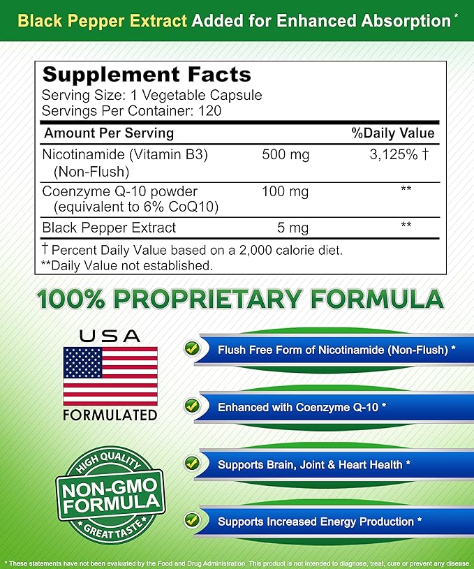 ニコチンアミド CoQ10配合 (120カプセル) - ビタミンB3 500mg (ナイアシンアミド フラッシュフリー) - コエンザイムQ10パウダー - エネルギー、NAD、皮膚細胞の健康をサポートするVIT B-3 & Coq 10 サプリメント錠剤