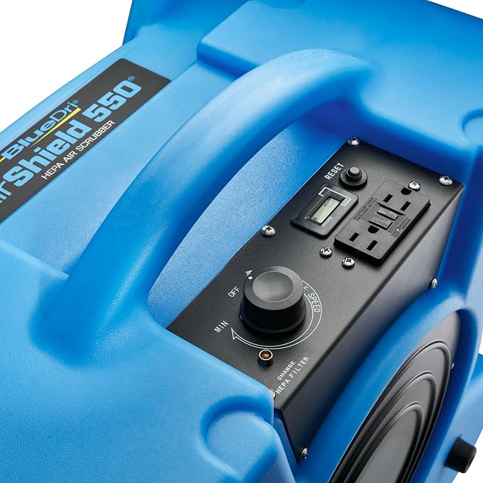 BlueDri Air Shield 550 HEPA Air Scrubber, Water Damage Restoration Equipment Air Purifier, Covers 1400 Sq. Ft, Daisy Chain Capable, For Commercial Use, Blue, BD-AS-550