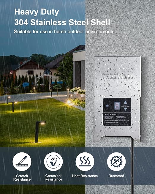 300W Low Voltage Landscape Transformer, Outdoor Landscape Lighting Transformer with Photocell Sensor & Timer, 120V AC to 12V/15V AC, Stainless Steel Weatherproof Transformer, ETL Listed