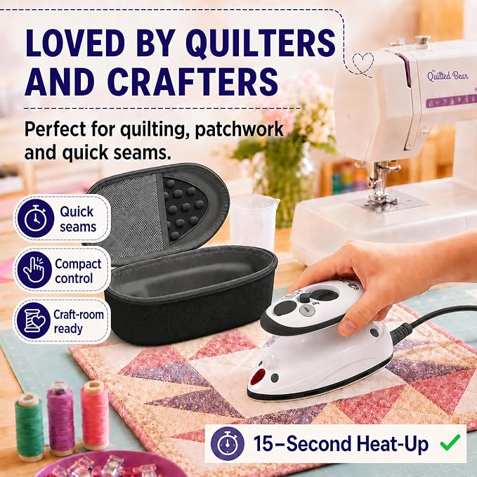 The Quilted Bear Premium Mini Steam Iron - Lightweight Mini Travel Iron for Effortless Quilting & Wrinkle-Free Clothes with Carry Case & Iron Rest Set - Travel Steamer for Clothes & Crafts (Black)