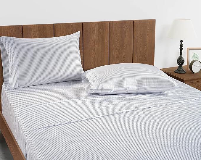 LANE LINEN 100% Organic Cotton Only Fitted Sheet Queen (Includes Pillowcases), 3 PC Set Percale Weave, Queen Size, Soft, Breathable, Printed Fitted Fits Mattress Upto 15" Deep - Ticking Stripe