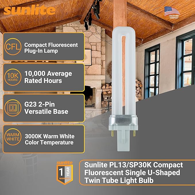 Sunlite PL13/SP30K Compact Fluorescent Single U-Shaped Twin Tube Light Bulb, 13 Watts, 120 Volts, 720 Lumens, 2-Pin GX23 Base, 3000K Warm White, 10 Pack