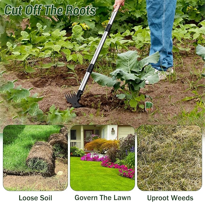 Weed Puller Tool with Long Handle – 2-in-1 Handle Garden Hoe and Weed Rake, Hoe Garden Tool for Home Gardens, Lawns, and Yards