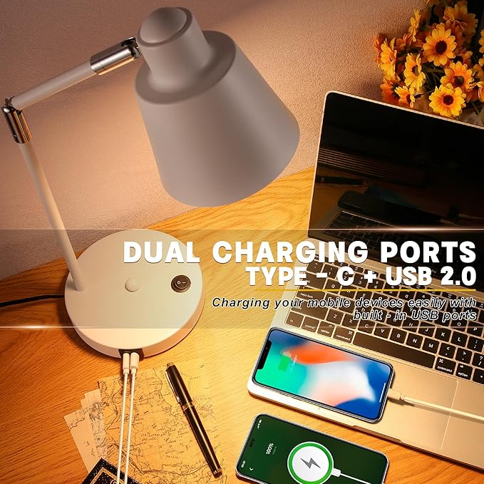 Anxingtools LED Desk Lamp with Dual USB Charging Ports, 100% Metal, 270° Swivel Arms, Soft White Light (3000K), Bedside Reading Lamp, Home Office Lamp(White)