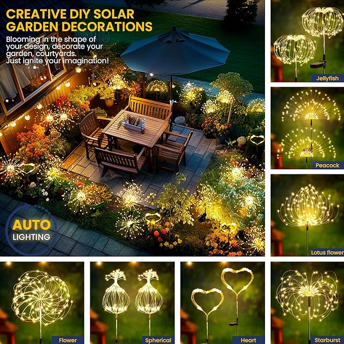 GIGALUMI Garden Decor Outdoor Lights 120LED 8Pack, Solar Garden Lights Outside Fairy Firework Decorative,Solar Powered for Yard Pathway Flowerbed Planter Balcony Patio 4th of July Decor (Warm White
