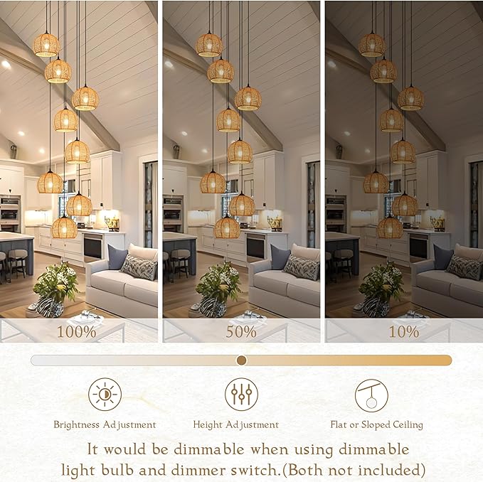 8-Light Woven Foyer Chandeliers for High Ceiling H100",8 Dome Boho Rattan Pendant Lights Farmhouse Ceiling Light,rustic Hemp rope Light Fixture For Living Room Hallway Staircase Entryway (Bulb Incl.