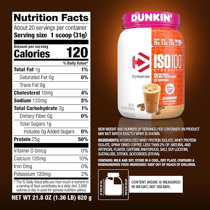 Dymatize x Dunkin' Cappuccino ISO100 Whey Protein Powder, 95mg Caffeine, 25g of Protein5.5g BCAAs, 120 Cal., Gluten Free, 1g Fat, 1g Sugar, 2g Carb (20 Servings)