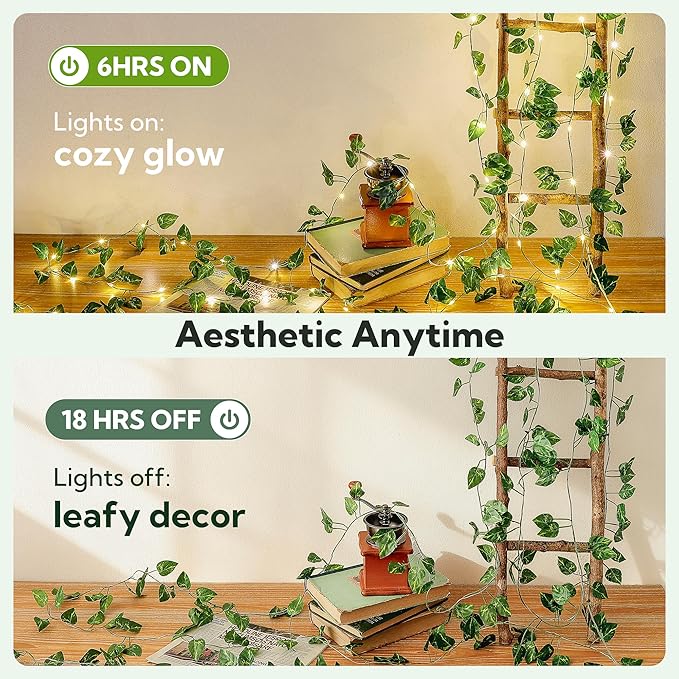 HEYFUNi Vines with Lights, 23 Ft 73 Led Faux Pothos Vines with Fairy Lights USB/Battery Operated, Leaf String Lights for Bedroom, Wall, Balcony, Wedding Decor, Warm White